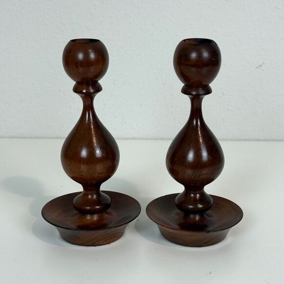 2 Vintage Turned Wood Spindle Candle Holders 6:5” - Picture 3 of 7